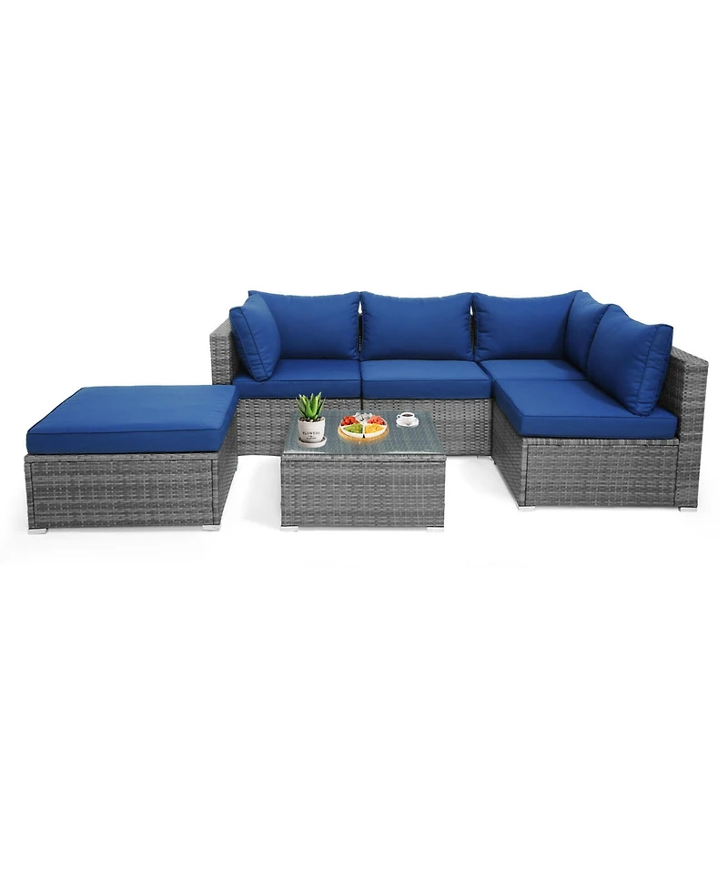 Gymax 6 Piece Outdoor Rattan Sectional Sofa Set Patio Conversation Furniture Set w/ Cushions