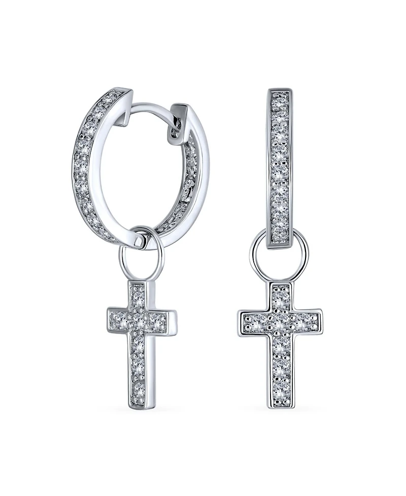 Bling Jewelry Tiny Cross Communion Kpop Huggie Dangle Chandelier Earrings Cz Hoop Set Gold Plated
