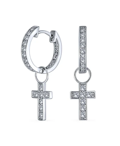 Bling Jewelry Tiny Cross Communion Kpop Huggie Dangle Chandelier Earrings Cz Hoop Set Gold Plated