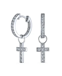 Bling Jewelry Tiny Cross Communion Kpop Huggie Dangle Chandelier Earrings Cz Hoop Set Gold Plated