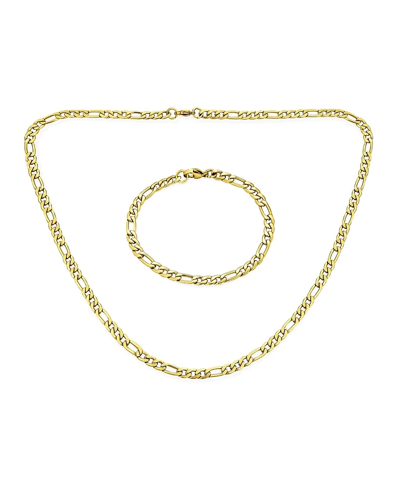 Bling Jewelry Flat Figaro Link 5MM Necklace & Bracelet Set Black Gold Tone Stainless Steel