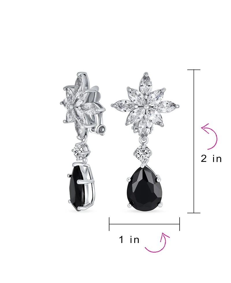 Bling Jewelry Art Deco Style Cluster Floral Cz Cubic Zirconia Statement Dangle Teardrop Chandelier Clip On Earrings Silver Plated