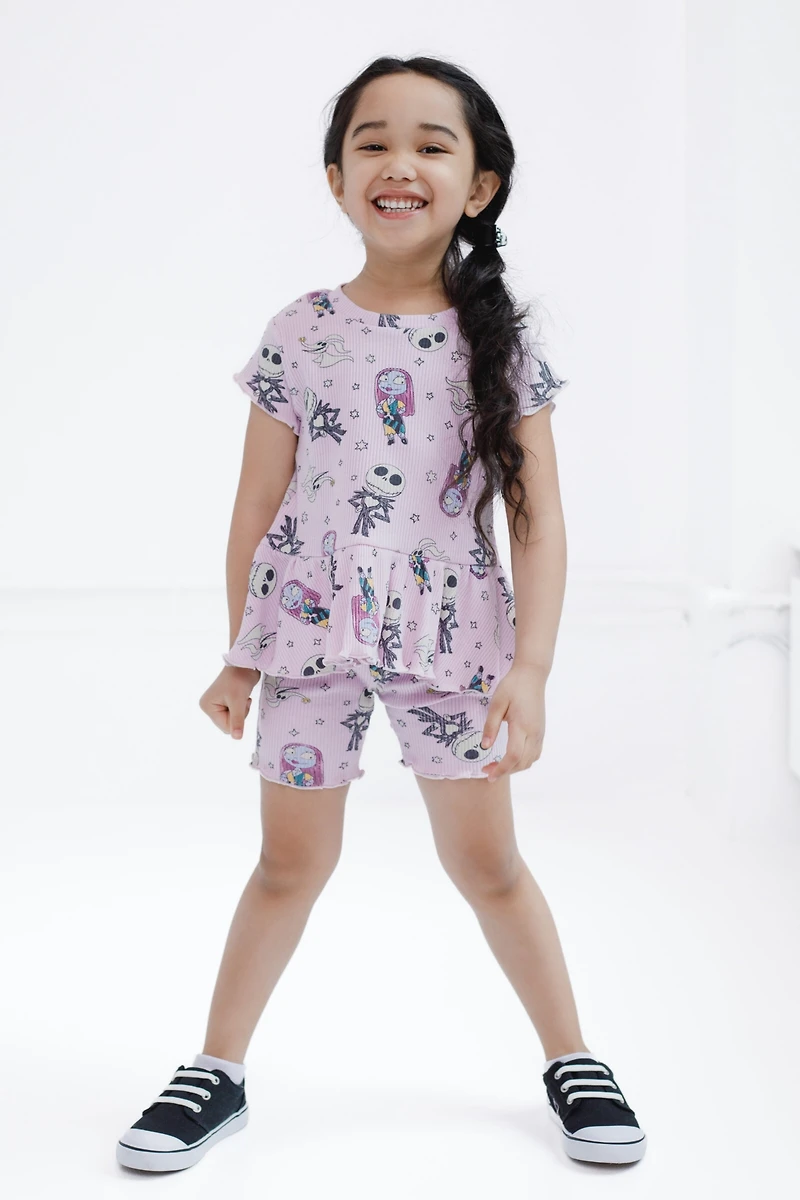 Nightmare Before Christmas Little Girls Ribbed Peplum T-Shirt and Shorts Outfit Set