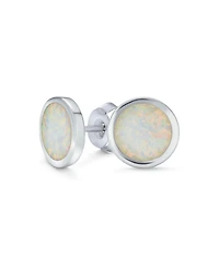 Bling Jewelry Classic Simple Iridescence Bezel Setting Flat Round Circle Created White Opal Stud Earrings .925 Sterling Silver Large 9MM