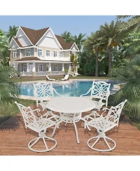 5-Piece Cast Aluminum Outdoor Conversation Set Outdoor Dining Table with Umbrella Hole Outdoor Swivel Rockers Patio Dining Chairs in White