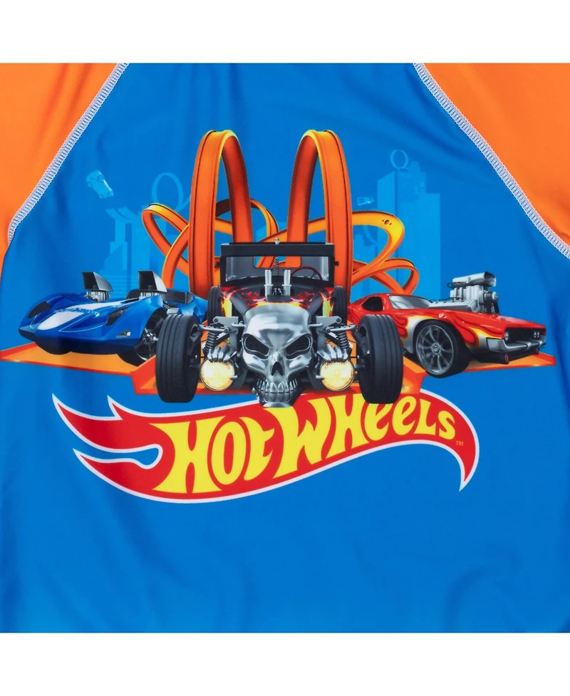 Hot Wheels Toddler Boys Upf 50+ Pullover Rash Guard and Swim Trunks Outfit Set to