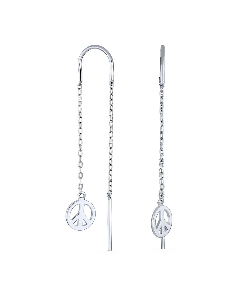 Bling Jewelry Tiny World Peace Sign Dangle Earrings Lightweight Long Flat Chain Threader Sterling Silver