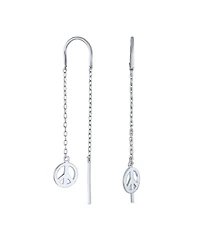 Bling Jewelry Tiny World Peace Sign Dangle Earrings Lightweight Long Flat Chain Threader Sterling Silver
