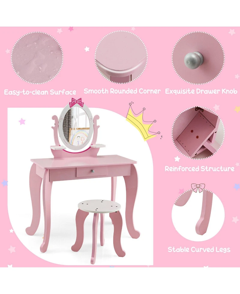 Kid Vanity Table Stool Set with Oval Rotatable Mirror