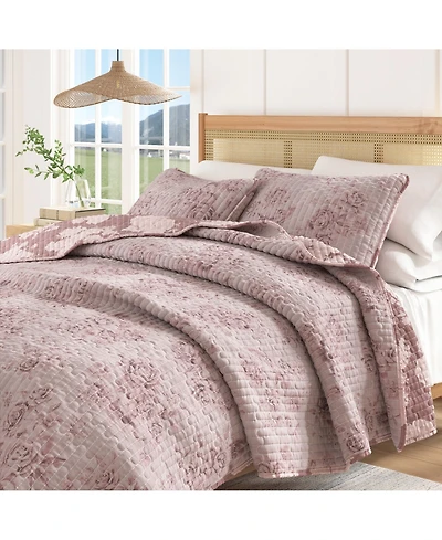 Linery & Co. Cotton Stitched Reversible Floral 3 Piece Scalloped Quilt and Sham Set