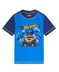 Hot Wheels Toddler Boys Upf 50+ Pullover Rash Guard and Swim Trunks Outfit Set to
