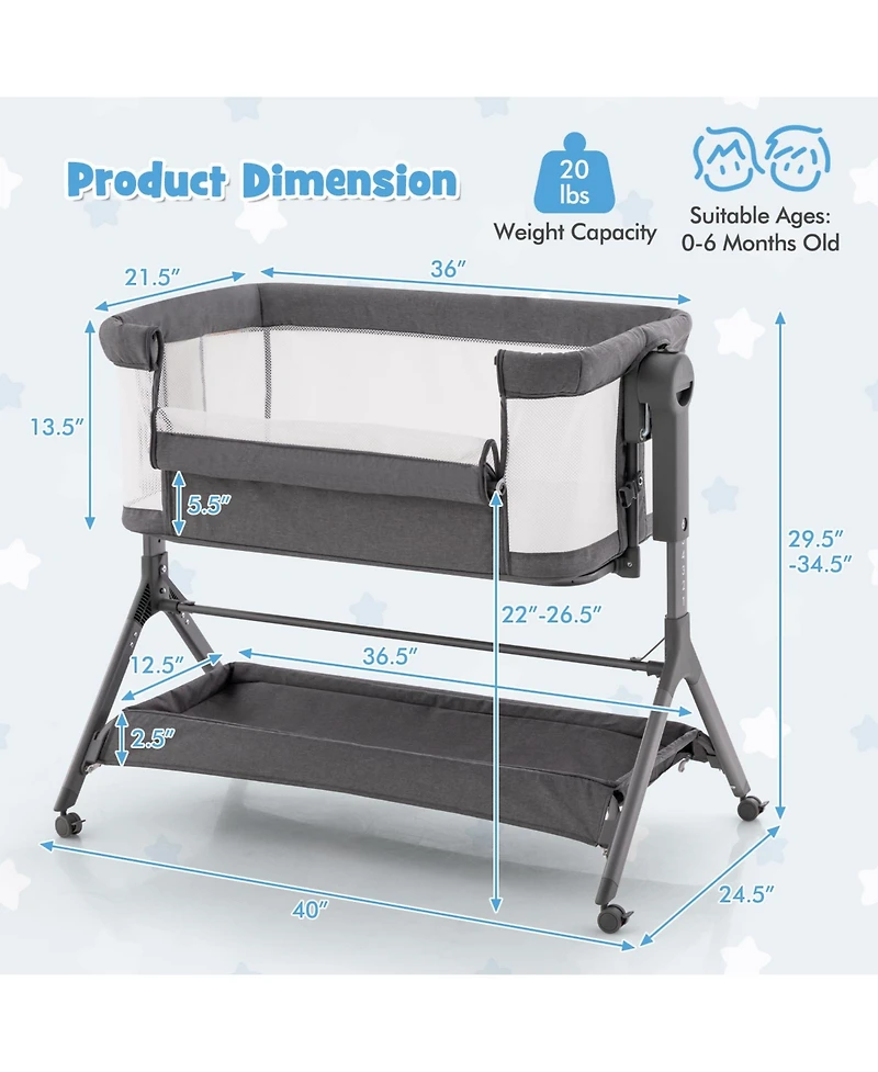 Gouun Kids Height Adjustable Bedside Sleeper with Storage Bag and Soft Mattress