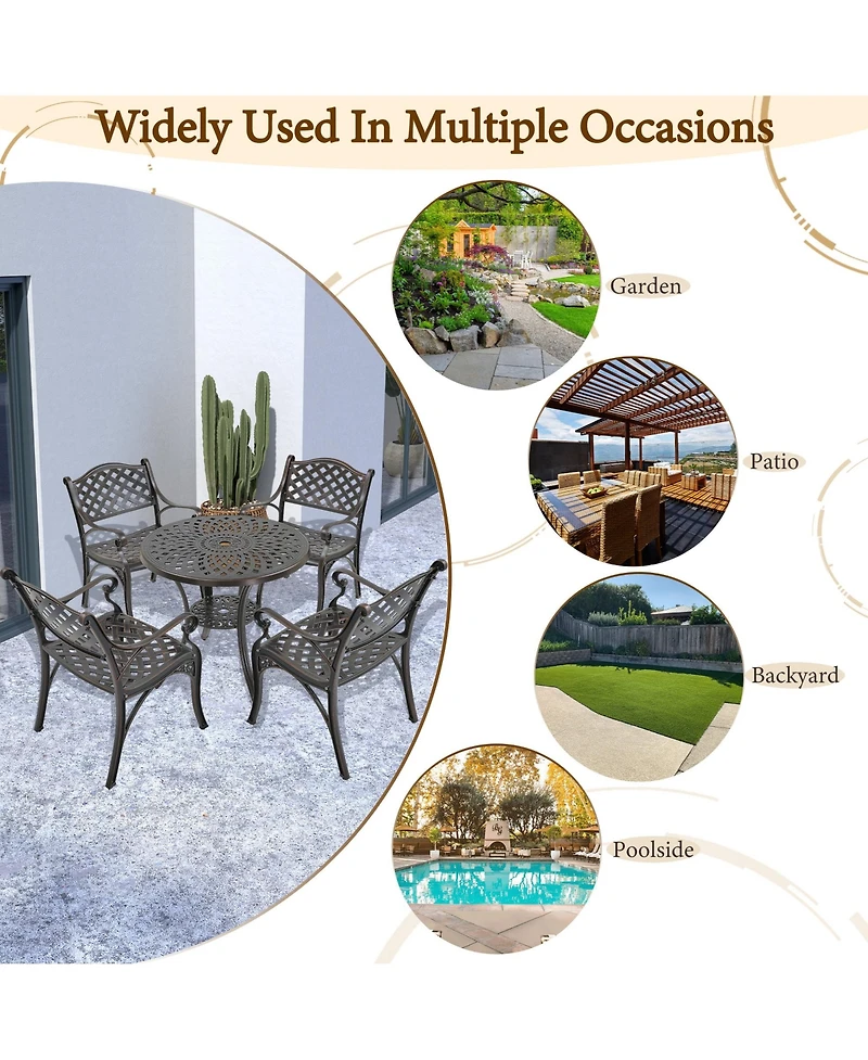 5-Piece Cast Aluminum Outdoor Furniture Patio Dining Set Table with Umbrella Hole Chairs