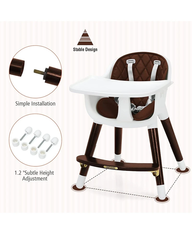 3-In-1 Adjustable Baby High Chair with Soft Seat Cushion for Toddlers