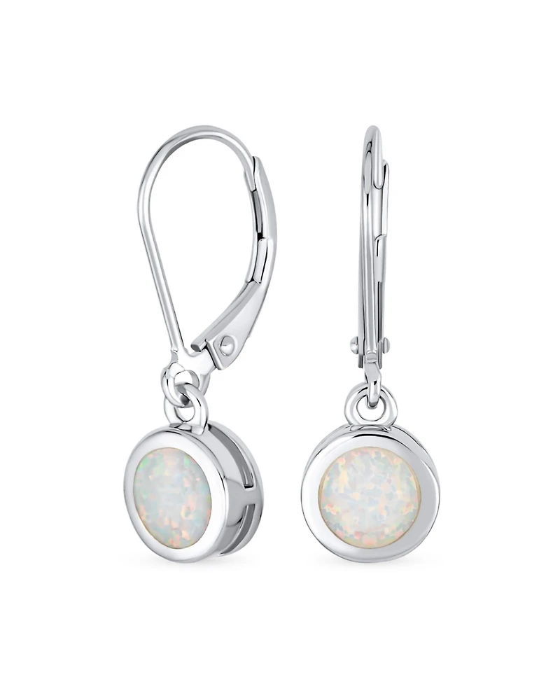 Bling Jewelry Bezel Round Circle Solitaire White Created Opal Dangle Lever Back Earrings .925 Sterling Silver
