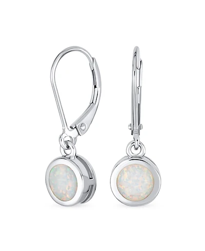 Bling Jewelry Bezel Round Circle Solitaire White Created Opal Dangle Lever Back Earrings .925 Sterling Silver