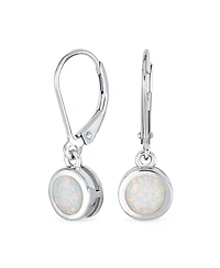 Bling Jewelry Bezel Round Circle Solitaire White Created Opal Dangle Lever Back Earrings .925 Sterling Silver