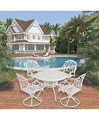 5-Piece Cast Aluminum Outdoor Dining Set Patio Table with Umbrella Hole Outdoor Swivel Rockers Patio Dining Chairs in White