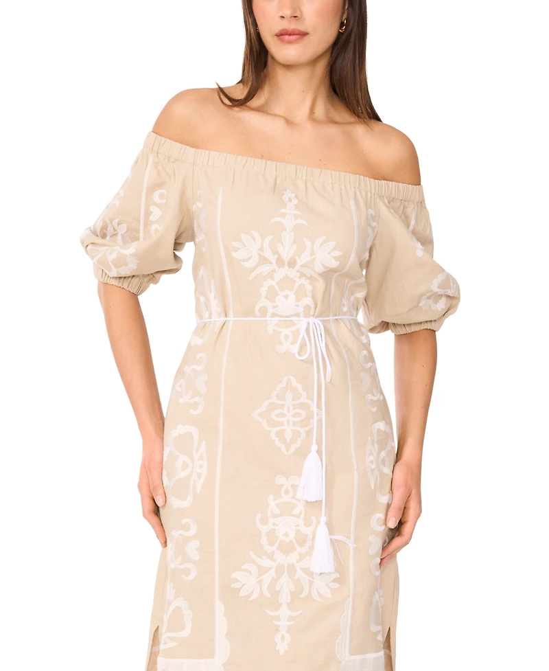 Vince Camuto Women's Embroidered Linen-Blend Off-The-Shoulder Midi Dress
