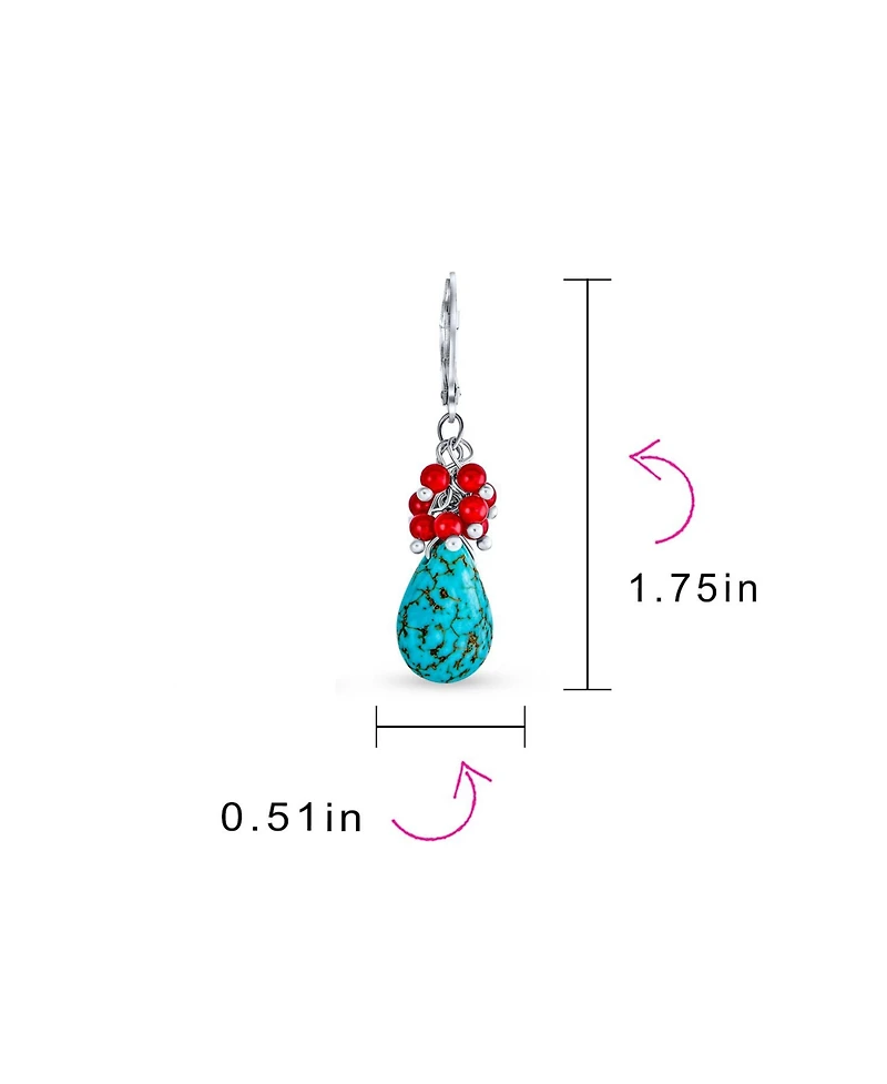 Bling Jewelry Boho Dangle Earrings with Created Red Coral and Blue Turquoise Teardrop Accents
