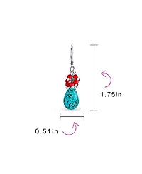 Bling Jewelry Boho Dangle Earrings with Created Red Coral and Blue Turquoise Teardrop Accents