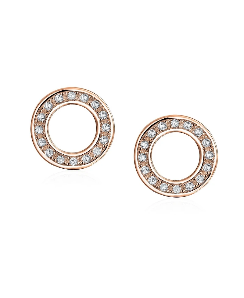 Bling Jewelry Geometric Pave Cubic Zirconia Open Circle Round Disc O Cz Stud Earrings Rose Gold Plated .925 Sterling Silver