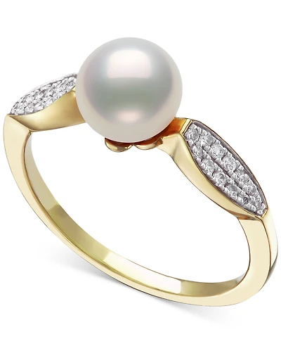 Belle de Mer Cultured Freshwater Pearl (7mm) & Diamond (1/6 ct. t.w.) Leaf Accent Ring in 10k Gold