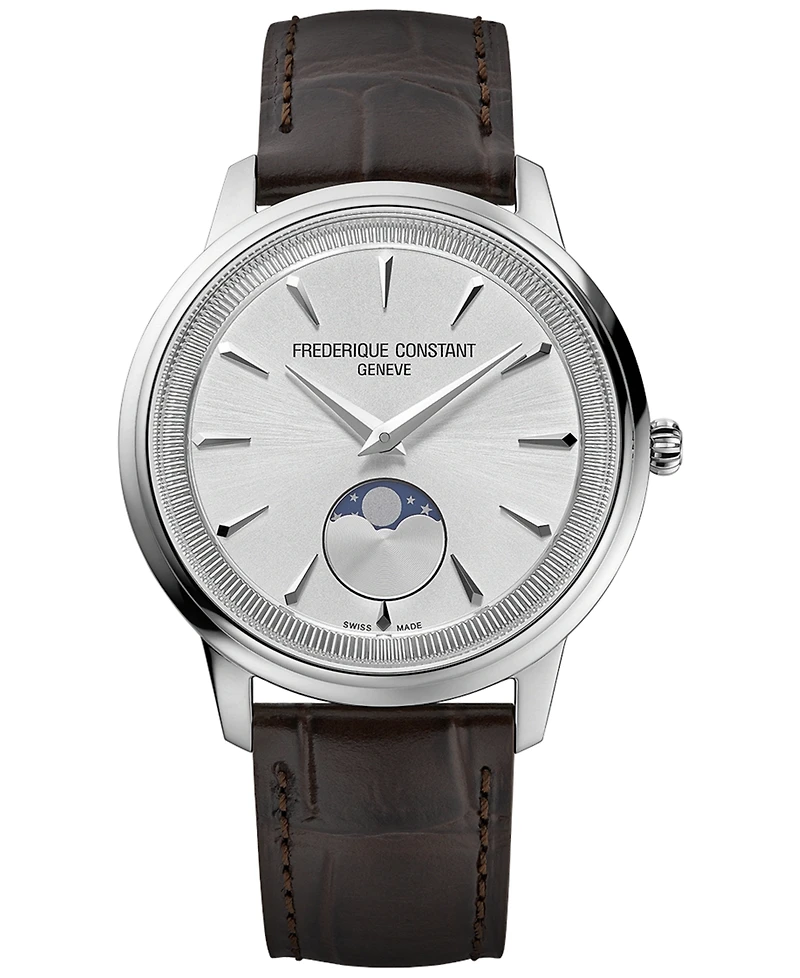 Frederique Constant Men's Swiss Moneta Moonphase Brown Leather Strap Watch 37mm