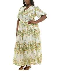 Taylor Plus Floral Split-Neck Puff-Sleeve Maxi Dress