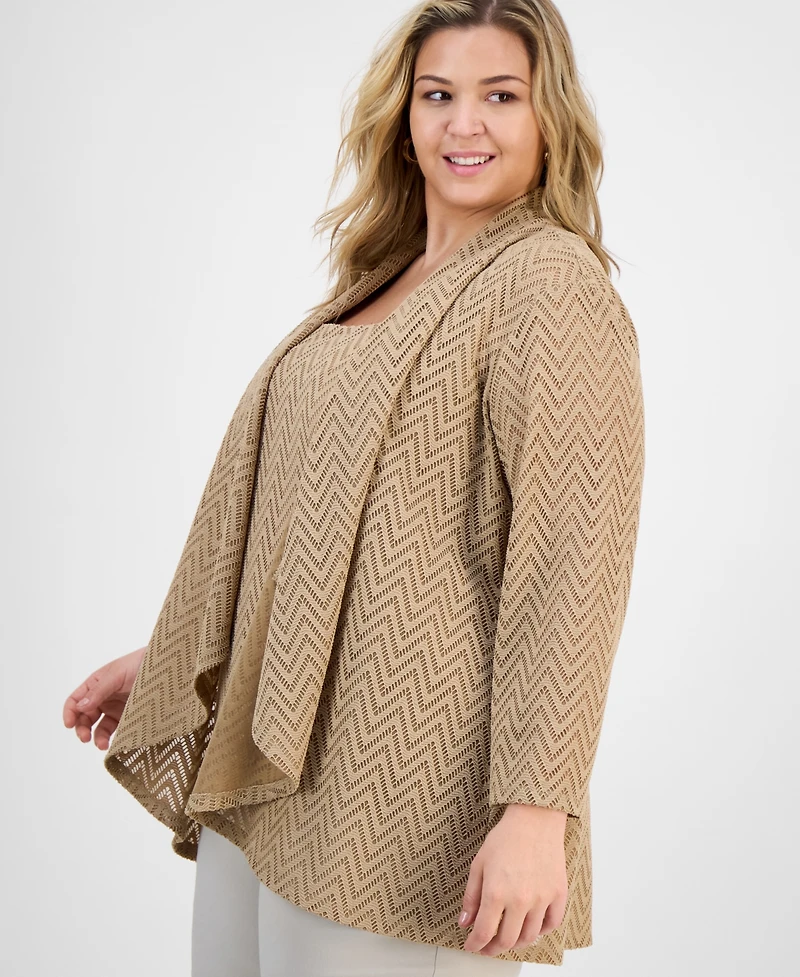 Kasper Plus Herringbone Knit High-Low Cardigan
