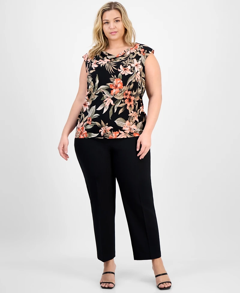 Kasper Plus Size Printed Cowlneck Cap-Sleeve Knit Top