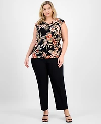 Kasper Plus Size Printed Cowlneck Cap-Sleeve Knit Top