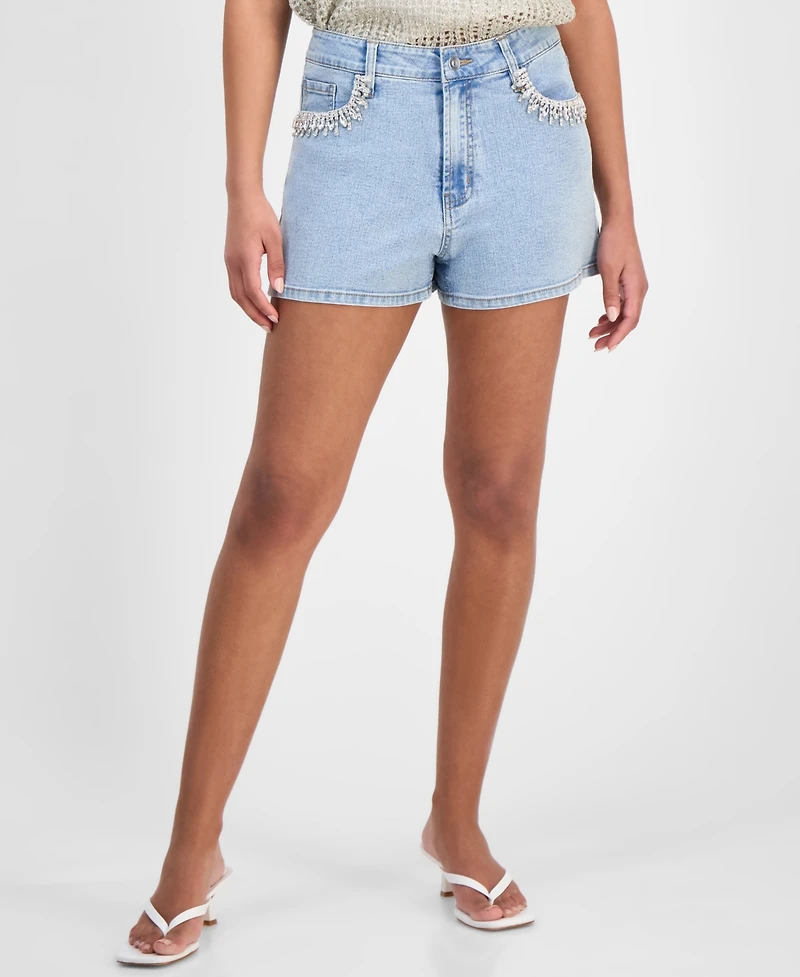 Bar Iii Women's Rhinestone-Pocket Denim Shorts, Exclusively at Macy's