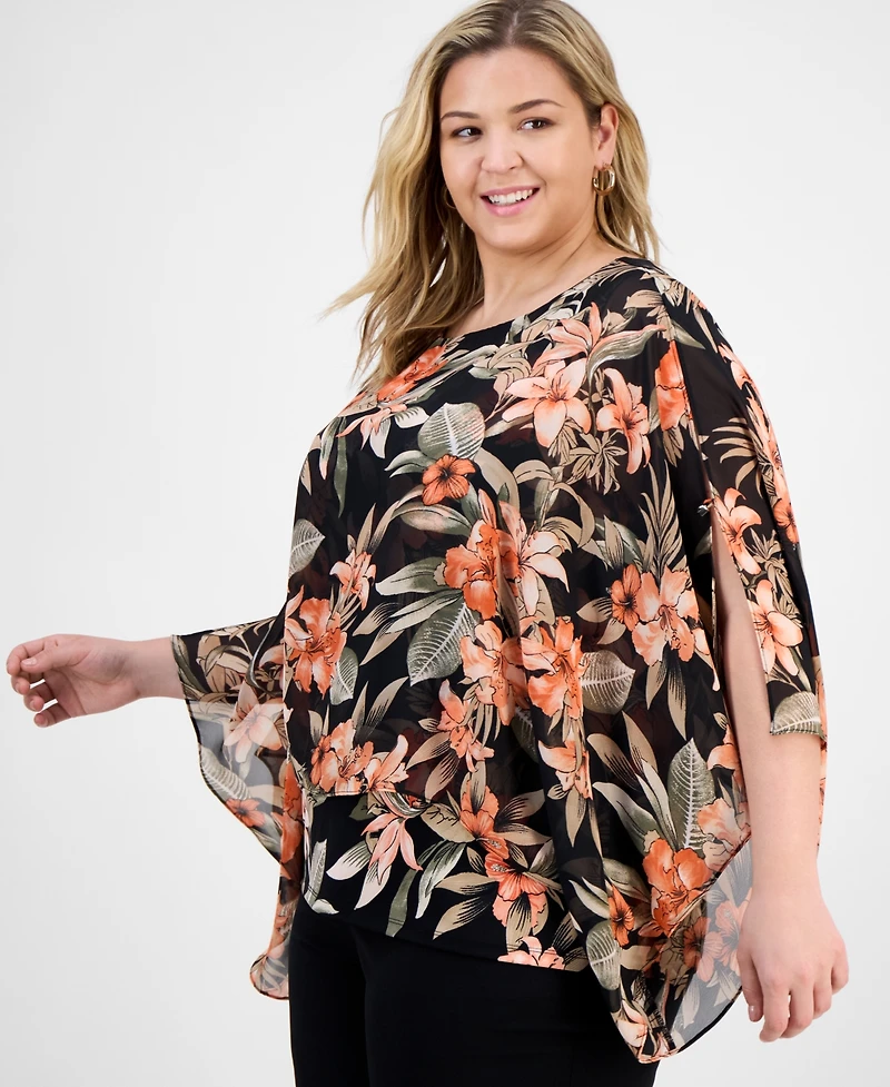 Kasper Plus Floral 3/4-Sleeve Poncho Top