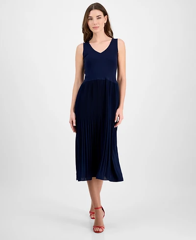 T Tahari Women's Ribbed Pleated Sleeveless Fit & Flare Dress