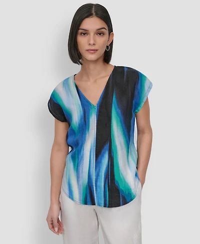 Dkny Women's Linen Printed V-Neck Top