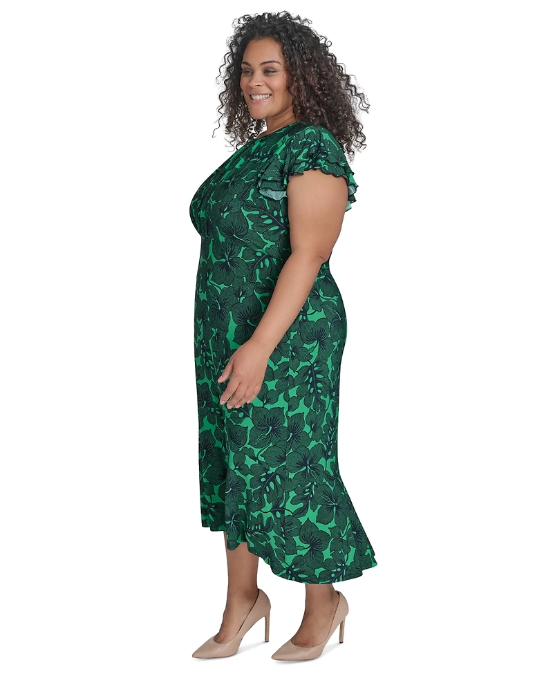 Tommy Hilfiger Plus Size Dotty Hibiscus Flutter-Sleeve Dress