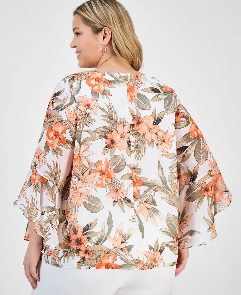 Kasper Plus Printed Flared-Sleeve Blouse