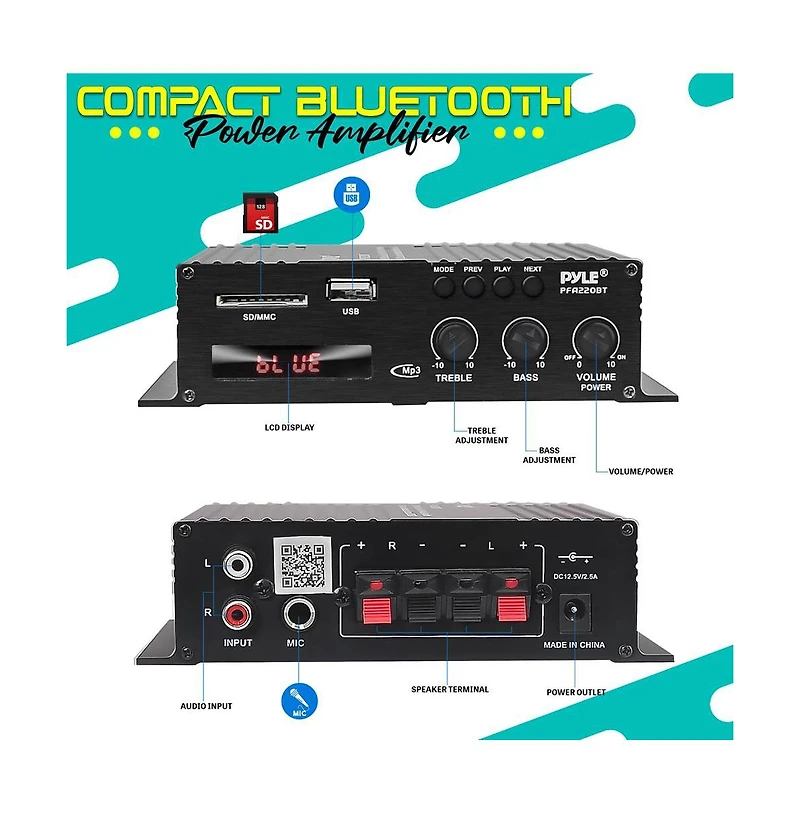 Pyle Compact Bluetooth Power Amplifier with Usb & Sd Readers - PFA220BT