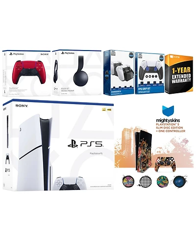 Sony Playstation 5 Slim Disc with Black Pulse Headset, Extra Volcanic Red Controller, Fps Grip Kit, Charge Dock and MightySkins Decal Voucher + 1 Year