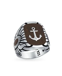 Bling Jewelry Nautical Etched Brown Wood Inset Large Boat Anchor Signet Ring Solid .925 Sterling Silver