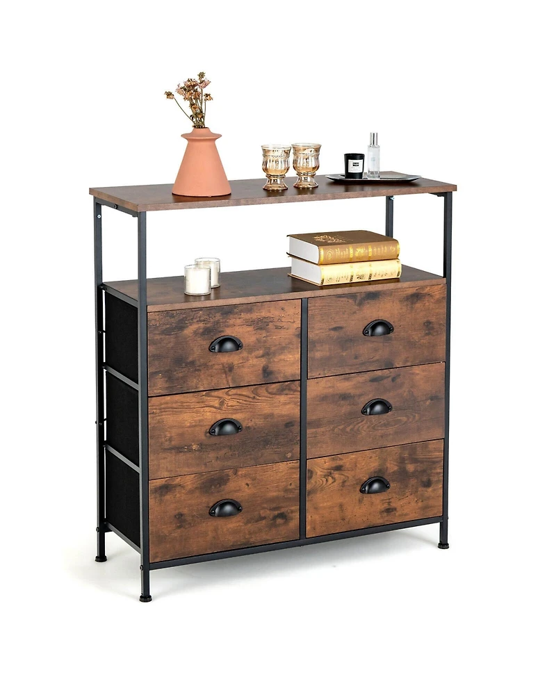 2-Tier Storage Chest with Wooden Top and 6 Fabric Drawers
