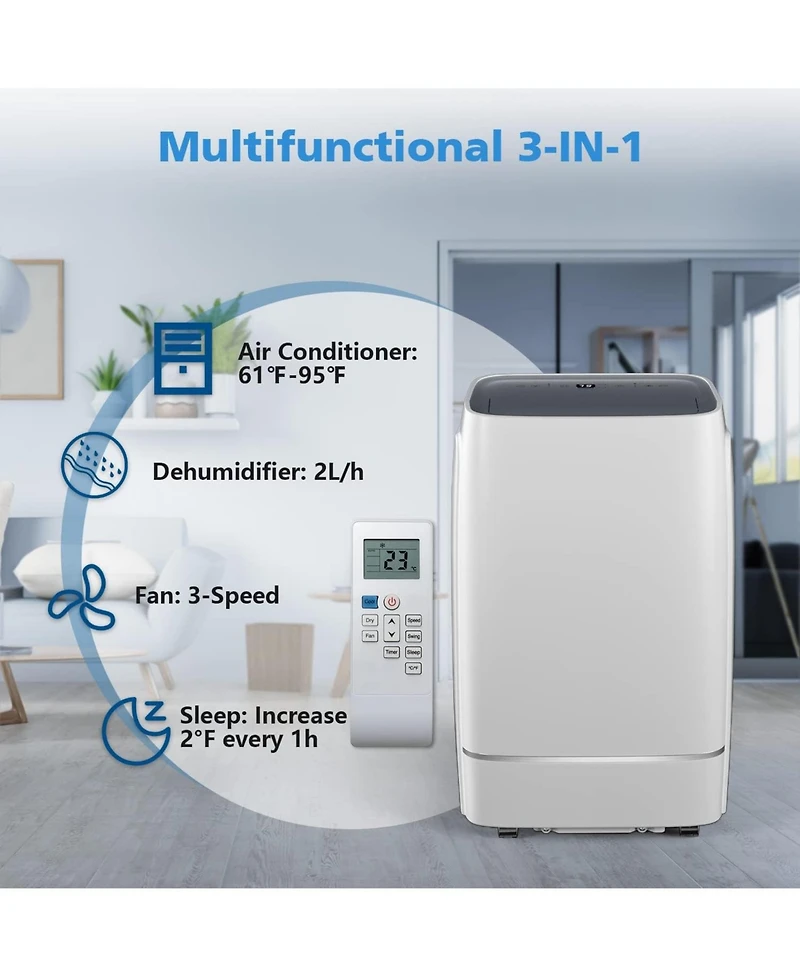 Zafro Portable Air Conditioner, 12000 Btu for Room up to 550 sq. ft, Dehumidifier & Fan, Portable Ac with 3 Fan Speeds, Automatic Louver Sweep,24H Tim