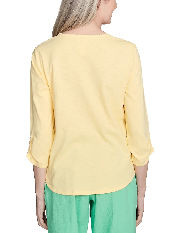 Alfred Dunner Women's Rise Shine Sunny Floral Embroidered Split Neck Top
