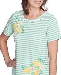 Alfred Dunner Women's Rise Shine Lemon Printed Striped Crew Neck T-Shirt