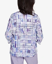 Alfred Dunner Women's Crystal Springs Watercolor Plaid Lace Neck Top