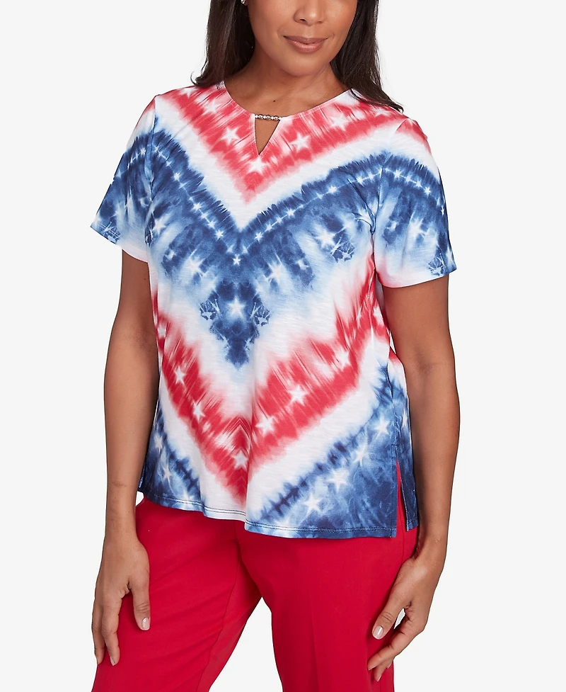 Alfred Dunner Petite Land of The Free Tie Dye American Chevron Short Sleeve Top