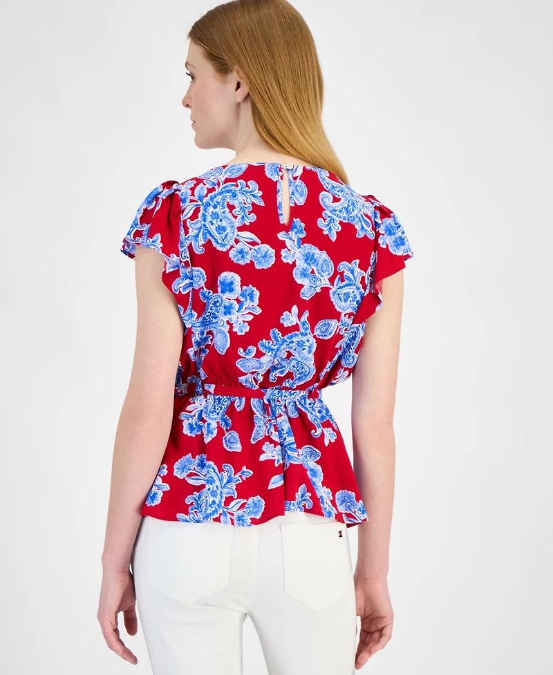 Tommy Hilfiger Women's Printed Ruffled-Sleeve Peplum Top