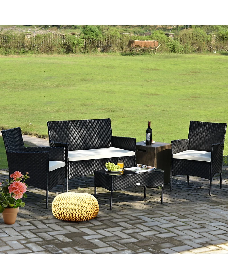 4PCS Patio Rattan Furniture Set Cushioned Sofa Coffee Table