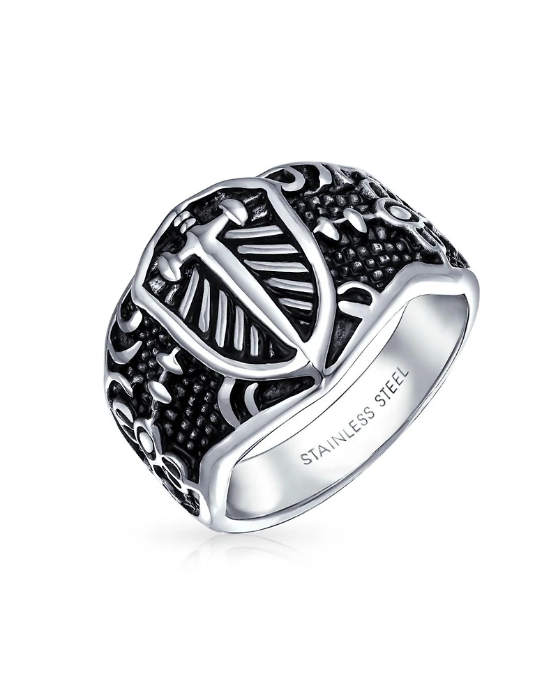 Bling Jewelry Religious Viking Shield Maltase Fleur De Lis Cross Signet Band Ring Oxidized Silver Tone Stainless Steel